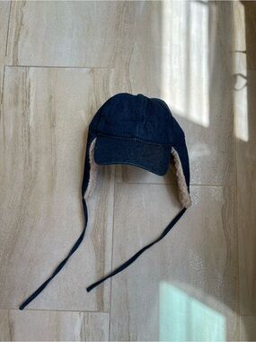 Madewell Navy Denim Sherpa Lined Winter Trapper Hat with Ear Flaps